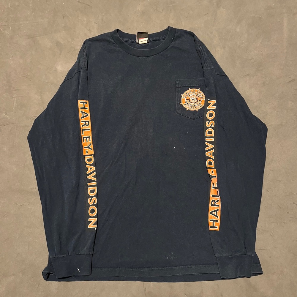VTG Harley Davidson Long Sleeve Shirt Men XL Navy Blue Sleeve Hit Spellout